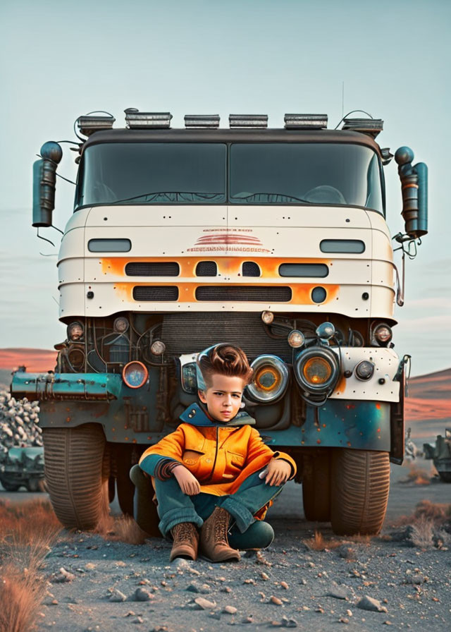 Young boy by retro-futuristic bus in desert landscape