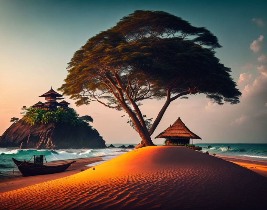 Tranquil beach scene with boats, tree, gazebo, and pagoda at sunset