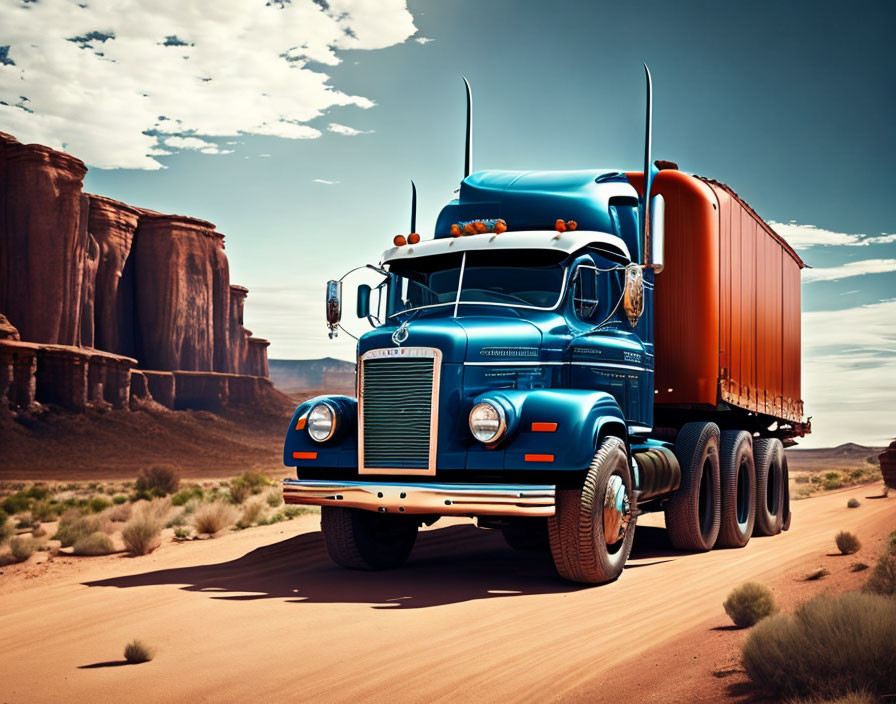 Blue classic semi-truck with orange trailer in desert landscape.