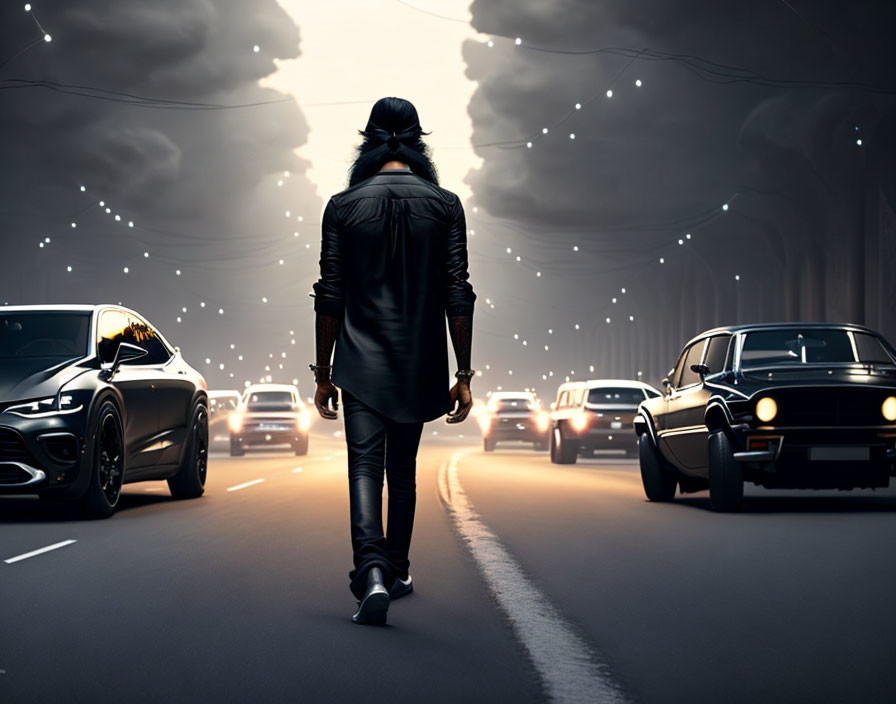 Person in Leather Jacket Walking on Road Flanked by Cars at Night