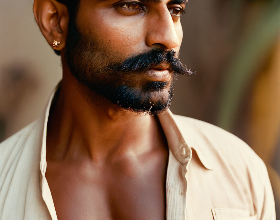 Portrait of a man with a mustache, open-necked shirt, and earring in a contempl