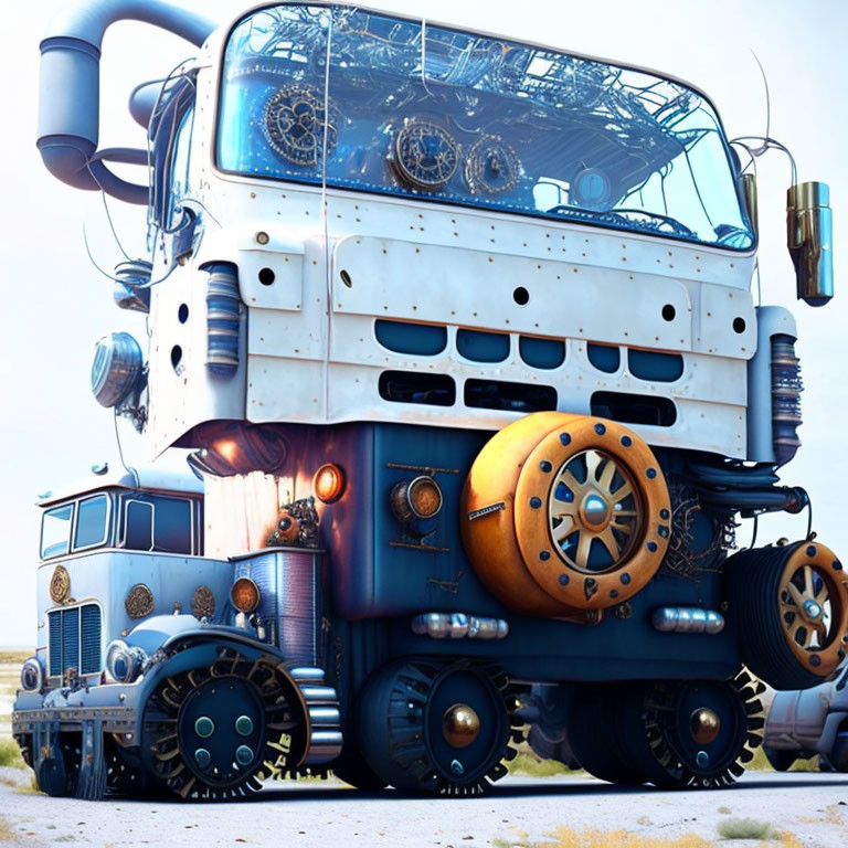 Armored futuristic truck with oversized wheels in desert setting