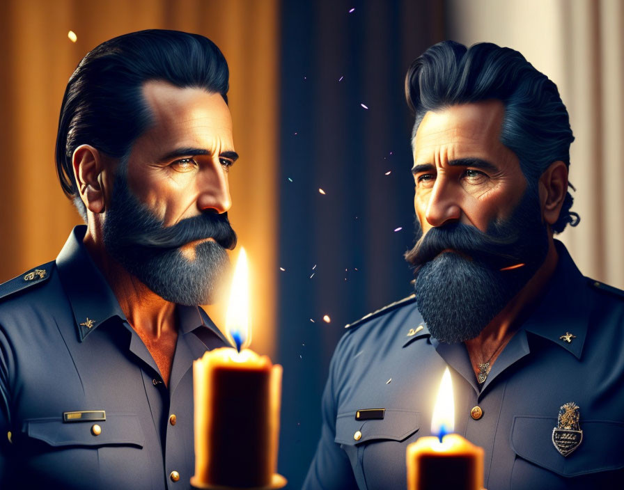 Mirrored police characters with mustaches in uniform and candles in warm glow