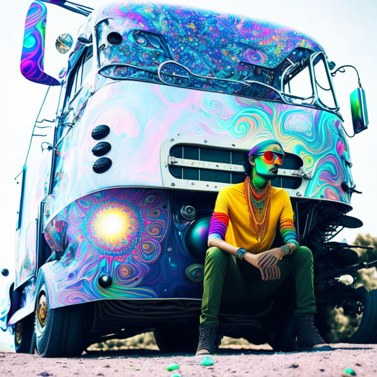 Colorfully dressed person sits by psychedelic bus under blue sky