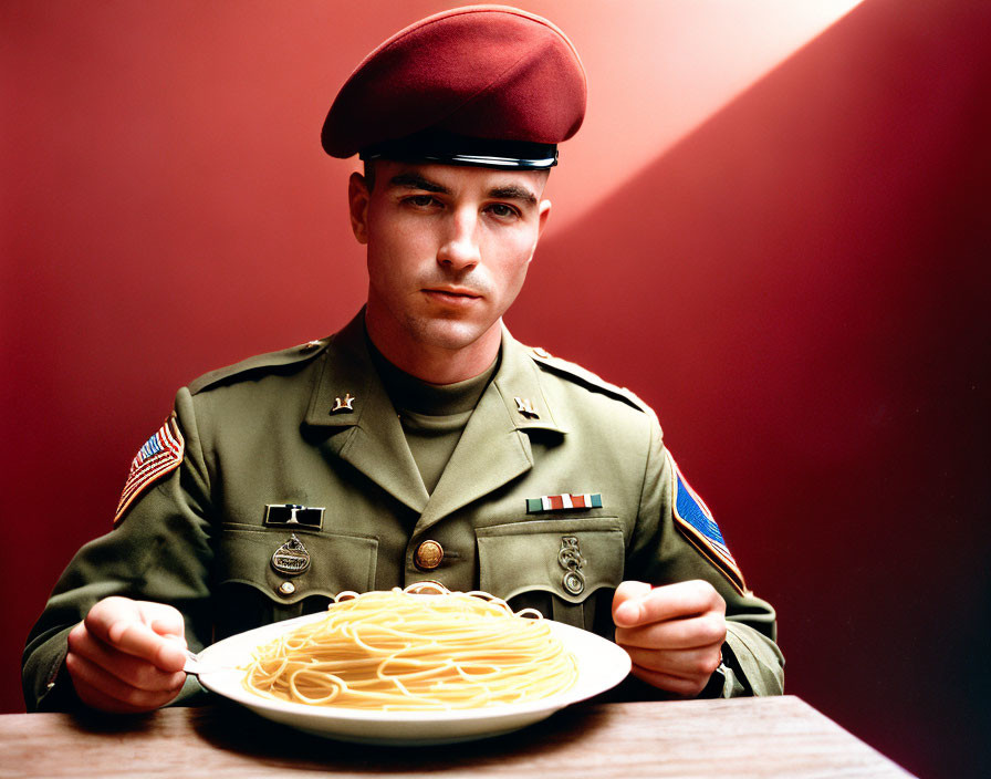 Military personnel in red beret gazes at plate of spaghetti