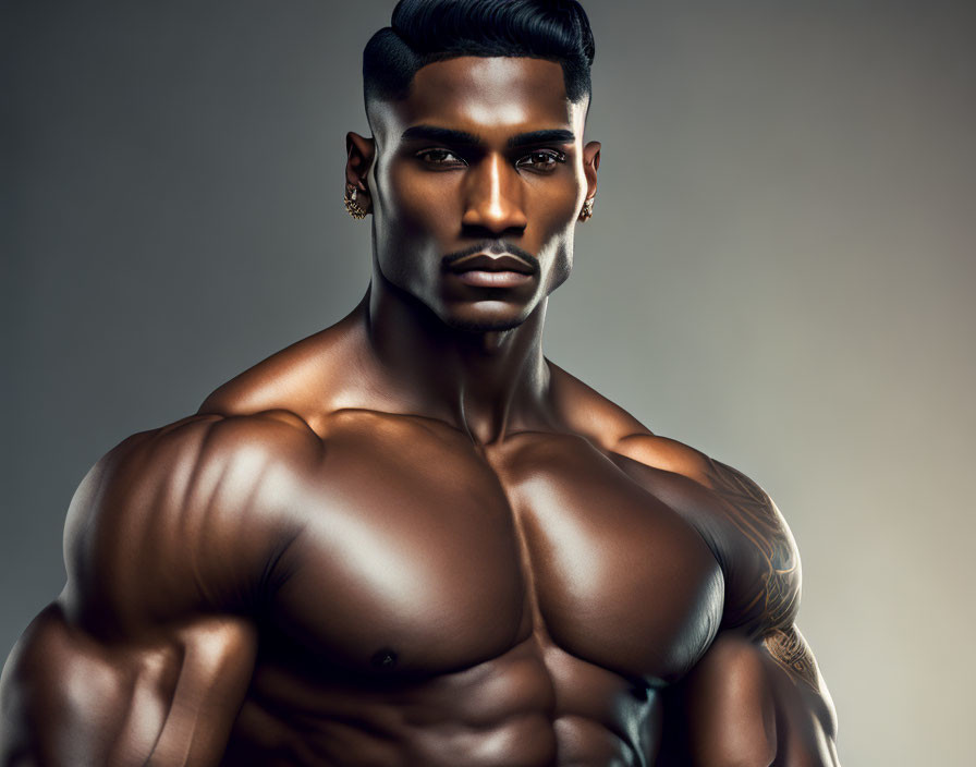 Muscular man with defined muscles and stylish haircut poses confidently