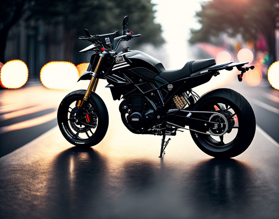 Black sports motorcycle with gold forks on urban road at dusk