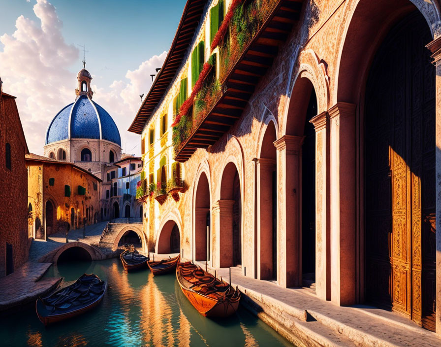 Historic Venetian Canal with Gondolas and Domed Church