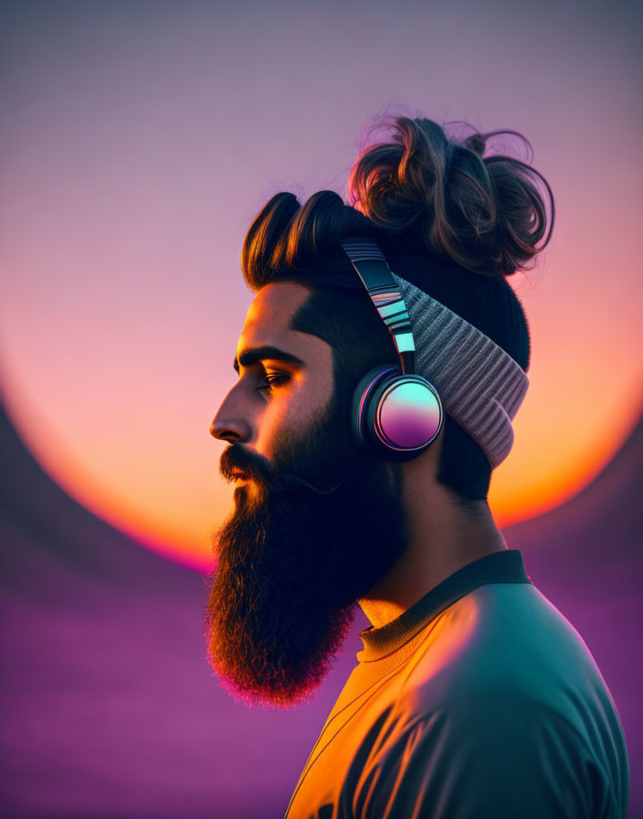 Bearded man with topknot in headphones at sunset