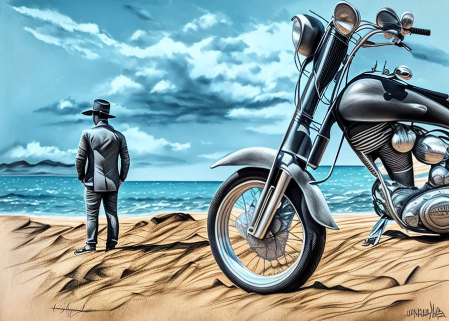 Man in suit and hat by motorcycle on sandy beach with dramatic sky