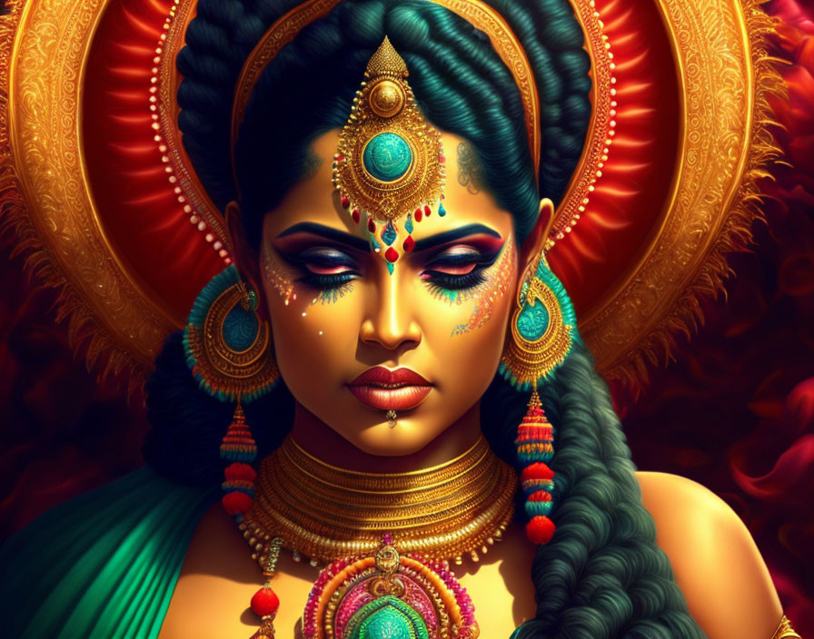 Colorful digital artwork: Woman with Indian adornments & fiery background