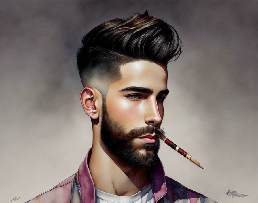 Stylish man with modern undercut and beard in leather jacket