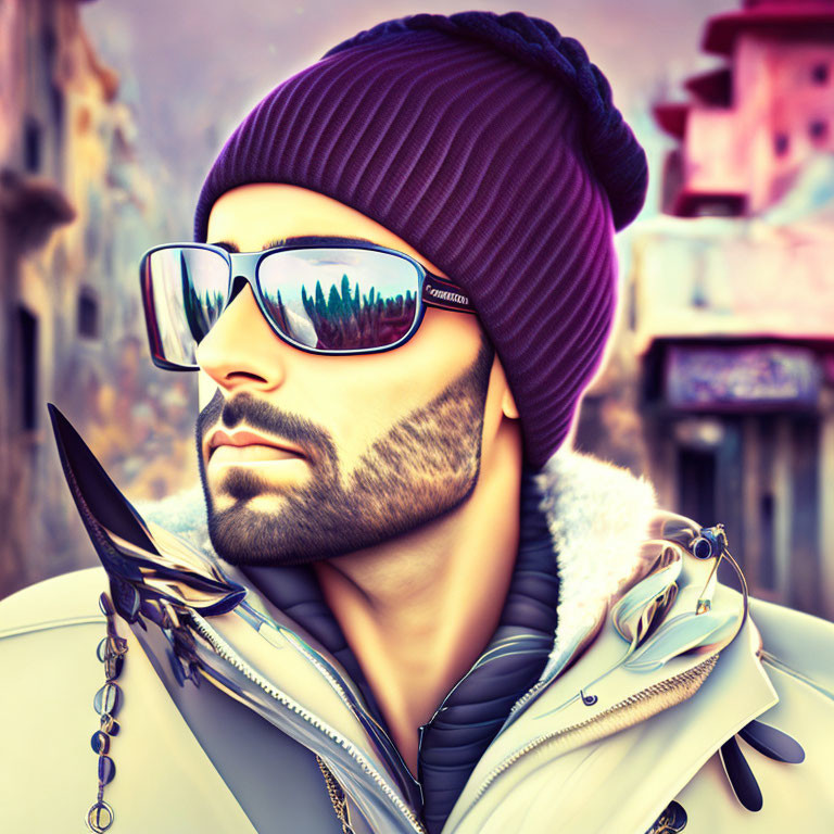 Stylized image of man with sunglasses and beanie, butterfly on shoulder, colorful background