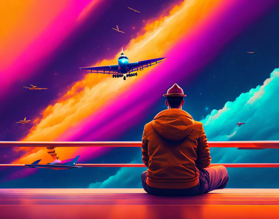 Person in Hat and Jacket Observing Planes in Colorful Surreal Sky