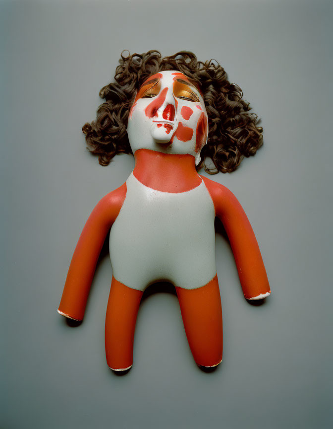 Red and white painted doll with curly brown hair on grey background