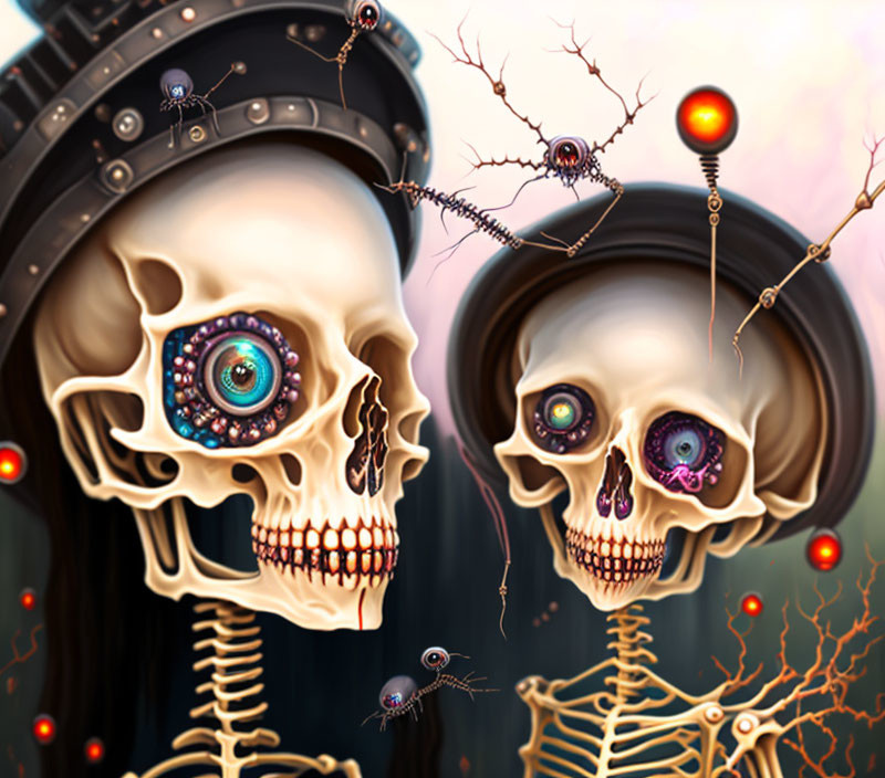 Colorful surreal artwork featuring stylized skulls, intricate designs, orbs, and creatures.