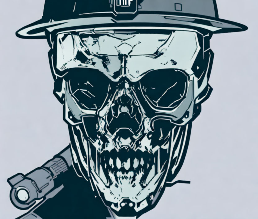 Skull in combat helmet with microphone and gun barrel illustration.