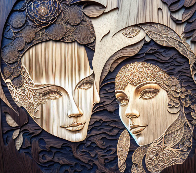 Intricate wooden bas-relief carving of two female faces with floral and wave motifs