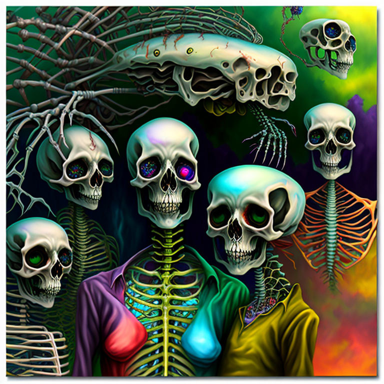 Colorful Skeleton Assembly in Eerie Setting