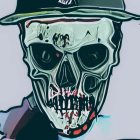 Skull in combat helmet with microphone and gun barrel illustration.