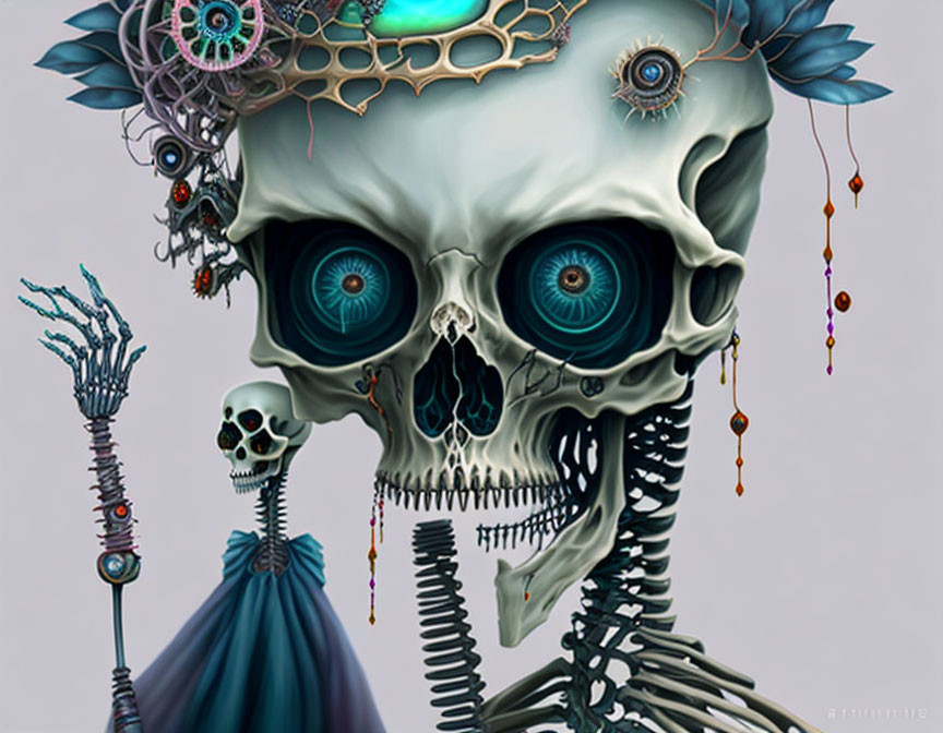 Surreal artwork: skeletal figure with blue eyes and ornate headgear