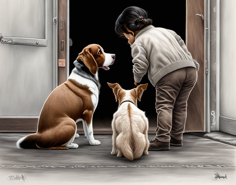 Child touching noses with beagle near Chihuahua indoors