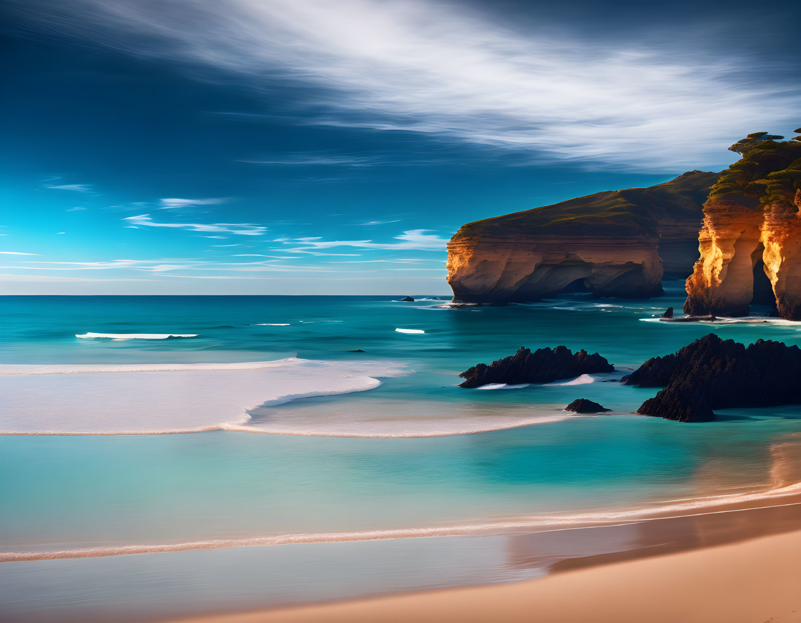 Tranquil Beach Scene with Turquoise Waters & Cliffs