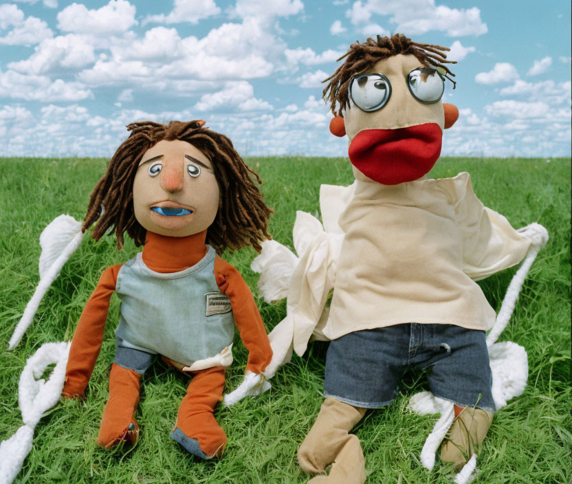 Colorful Handmade Puppets with Button Eyes in Field under Blue Sky