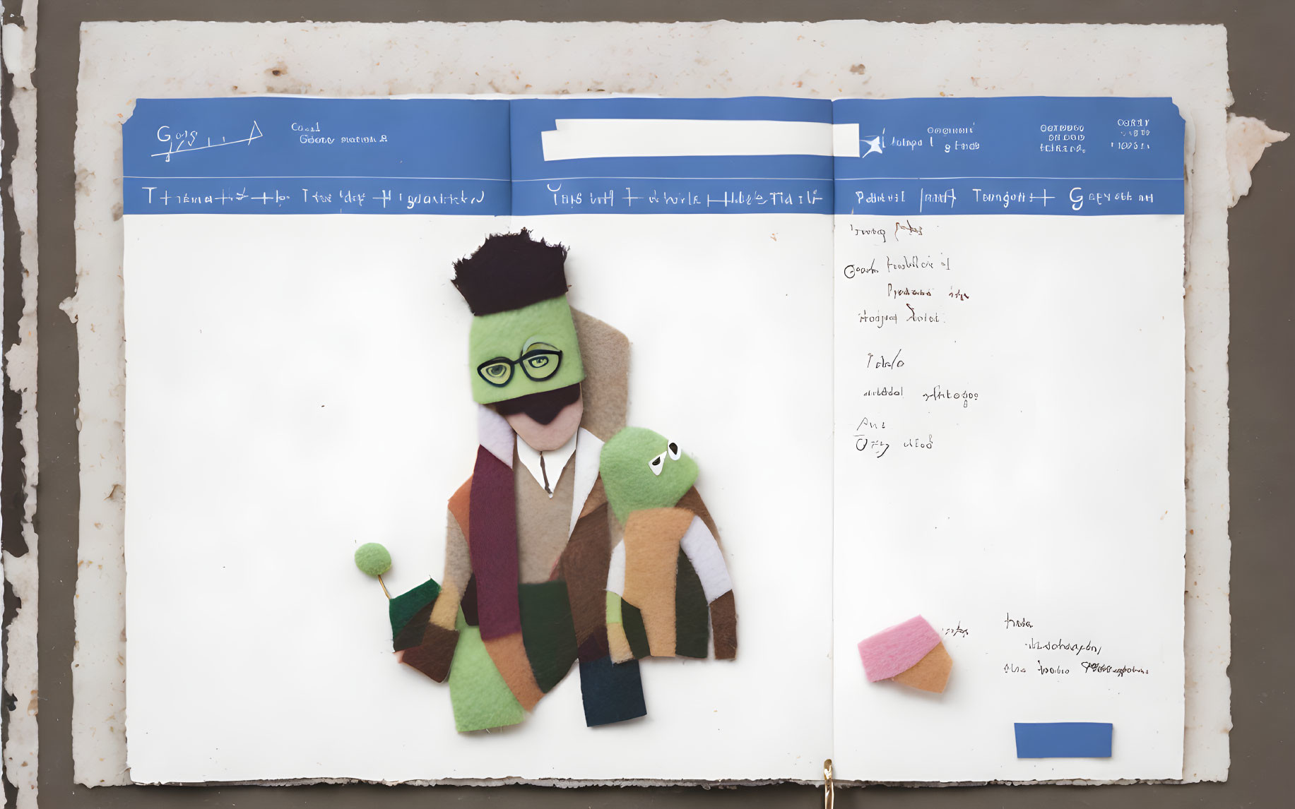 Green-skinned paper craft character with glasses surrounded by notes, tape, and blue stripe on textured background