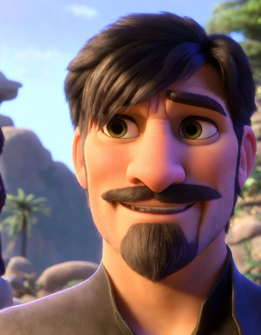 Dark-haired male character with mustache smiling in 3D animation