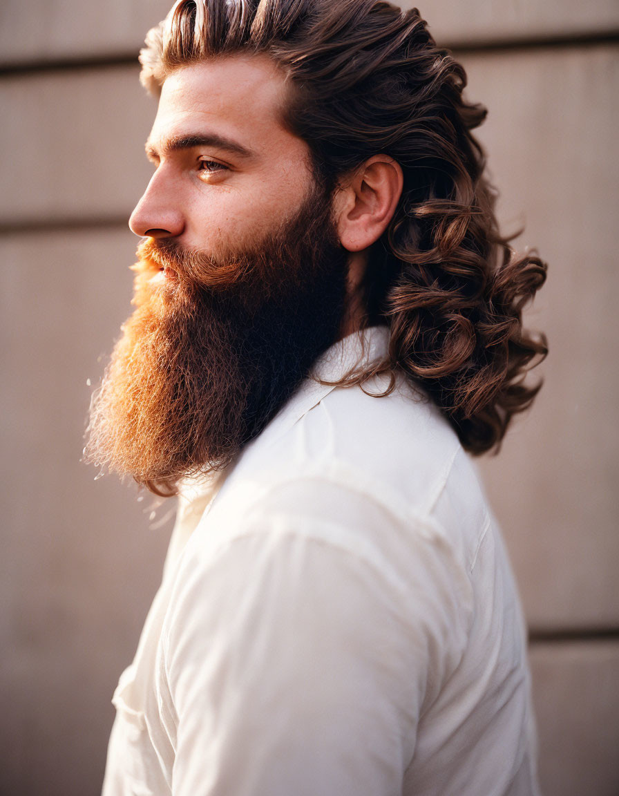 Man with Long Curly Beard and Flowing Hair in Profile View wearing White Shirt