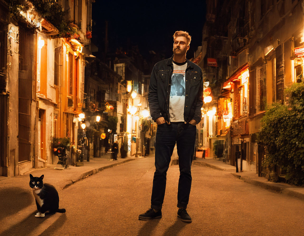 Man standing in dimly lit street with black and white cat and old buildings at night