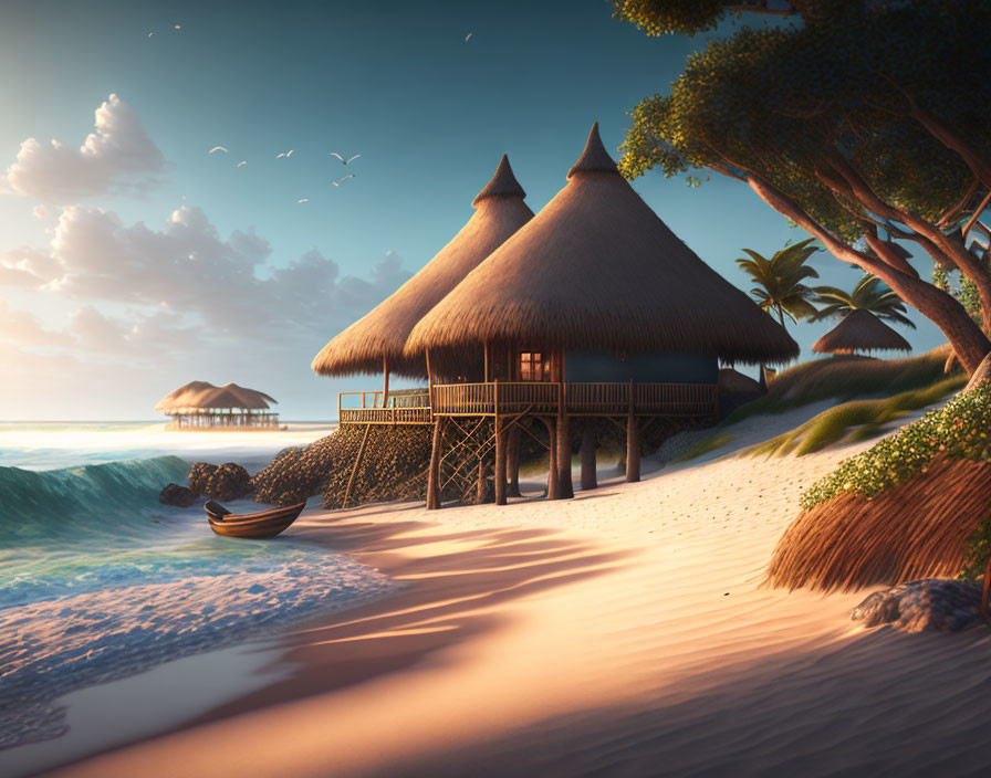 Tropical beach sunset with thatched hut, canoe, lush trees, ocean, and birds