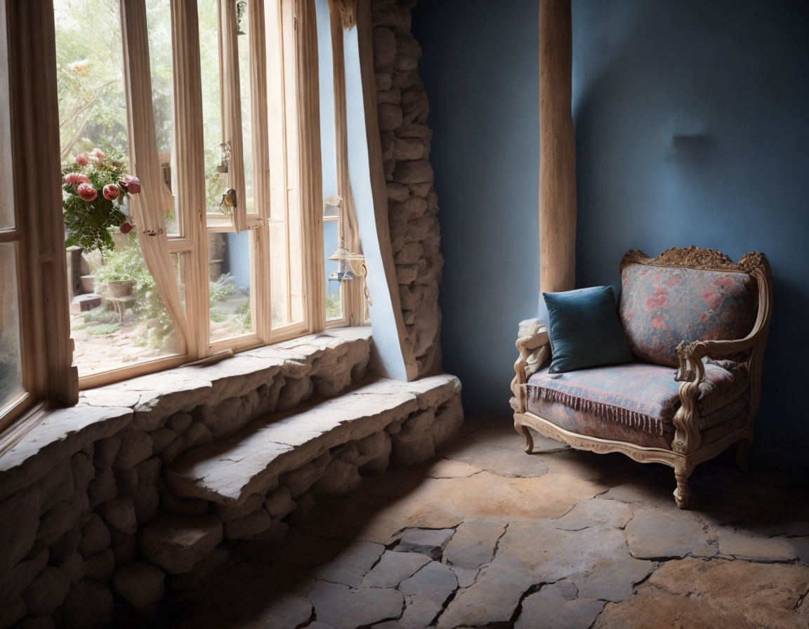 Vintage Upholstered Chair in Cozy Corner with Blue Walls