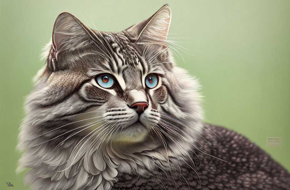 Realistic grey tabby cat digital artwork with blue eyes on green background