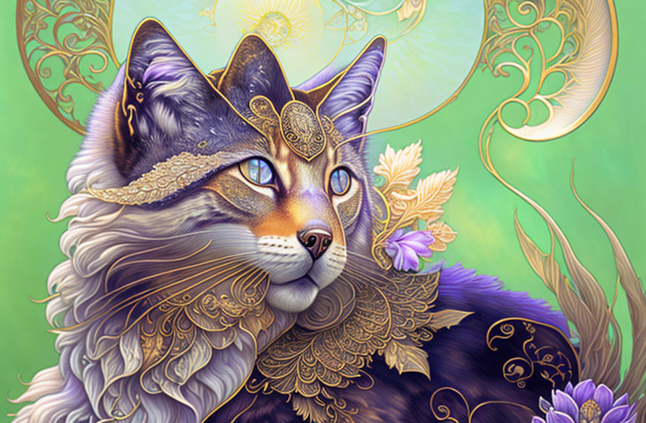 Majestic cat with golden adornments on colorful floral background