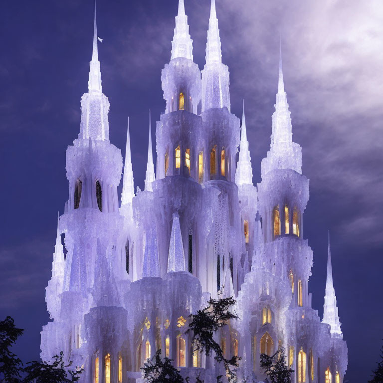 Illuminated ice castle with spires in twilight sky