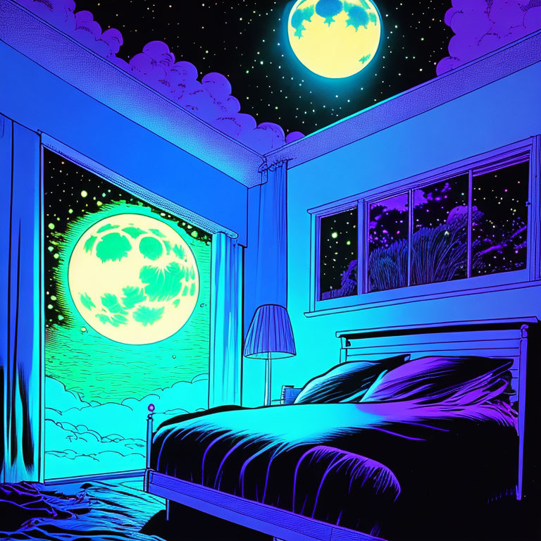 Stylized bedroom at night with full moon, open window, and lamp beside bed