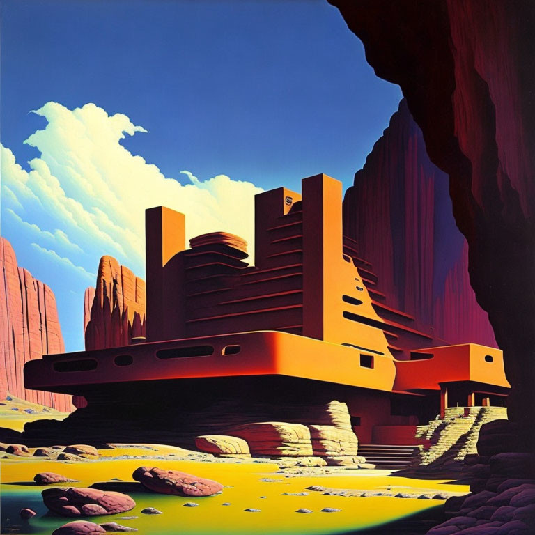 Orange Terraced Structure in Red Desert Canyon with Blue Sky