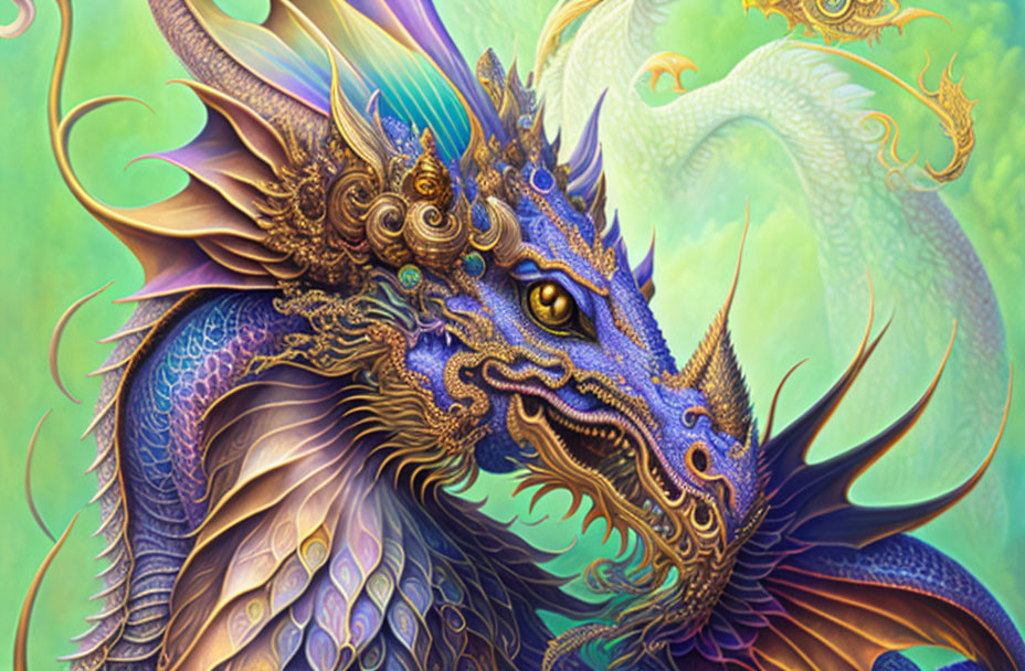 Vibrant blue dragon artwork with golden details on green background