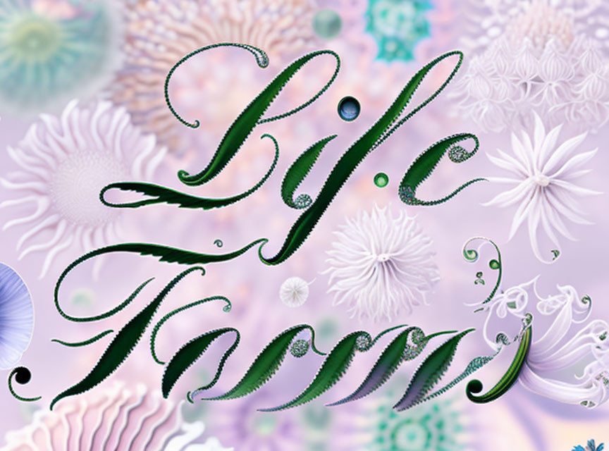 Elegant cursive "Life" text with white floral motifs on pastel background