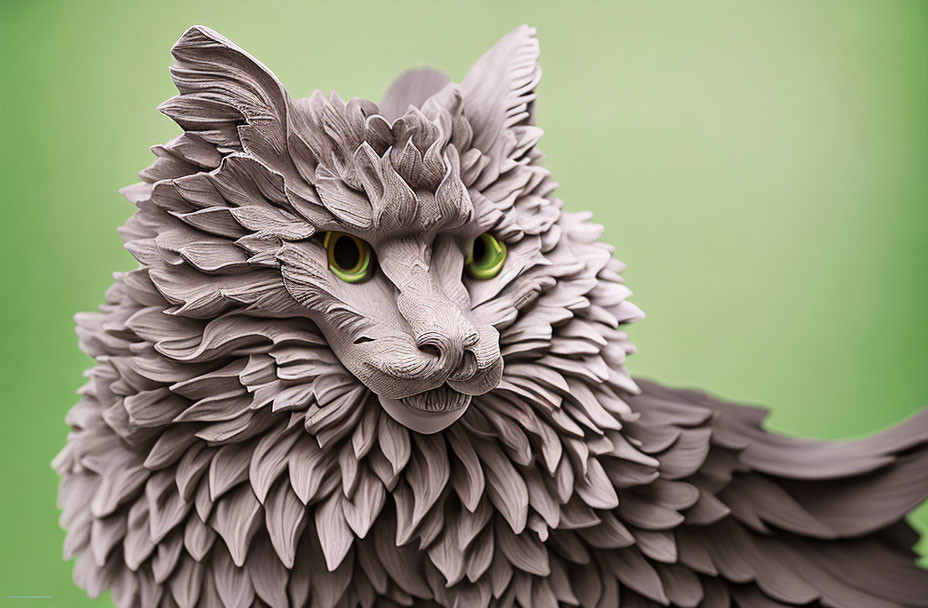 Intricate Cat Head Sculpture with Green Eyes on Soft Green Background