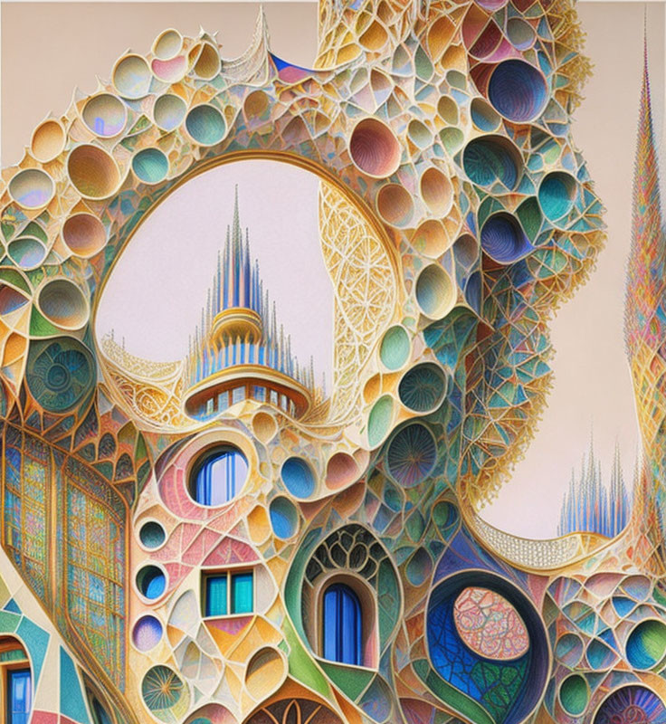 Intricate Digital Artwork: Fantastical Architecture with Geometric Patterns