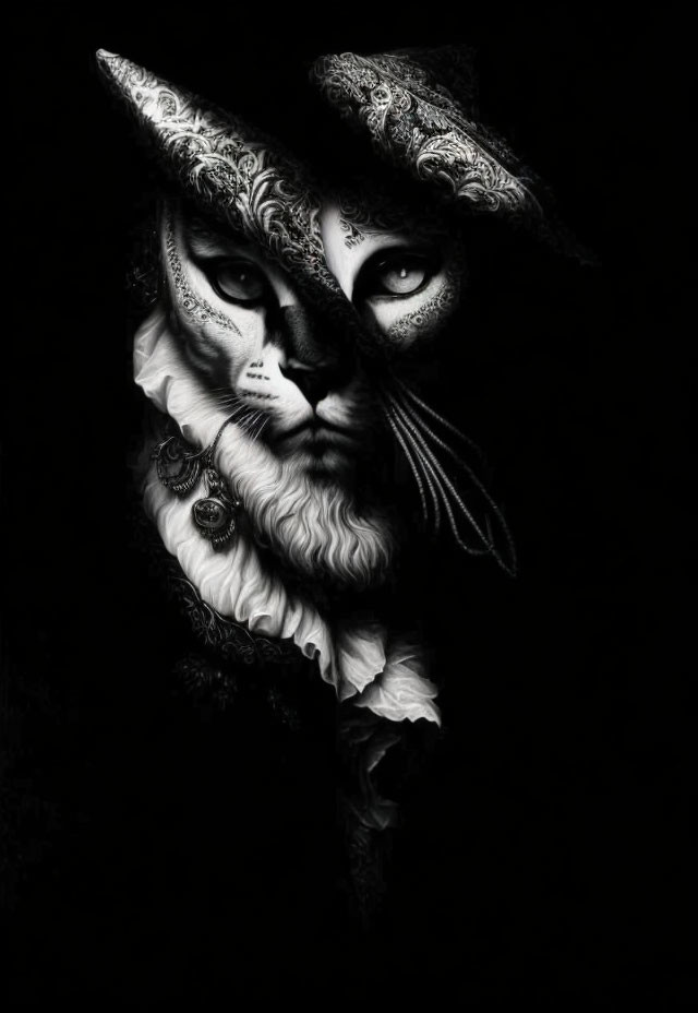 Monochrome art of human figure with half cat face and intricate patterns