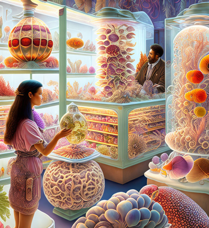 Fantastical shop illustration with vibrant orbs and marine life theme