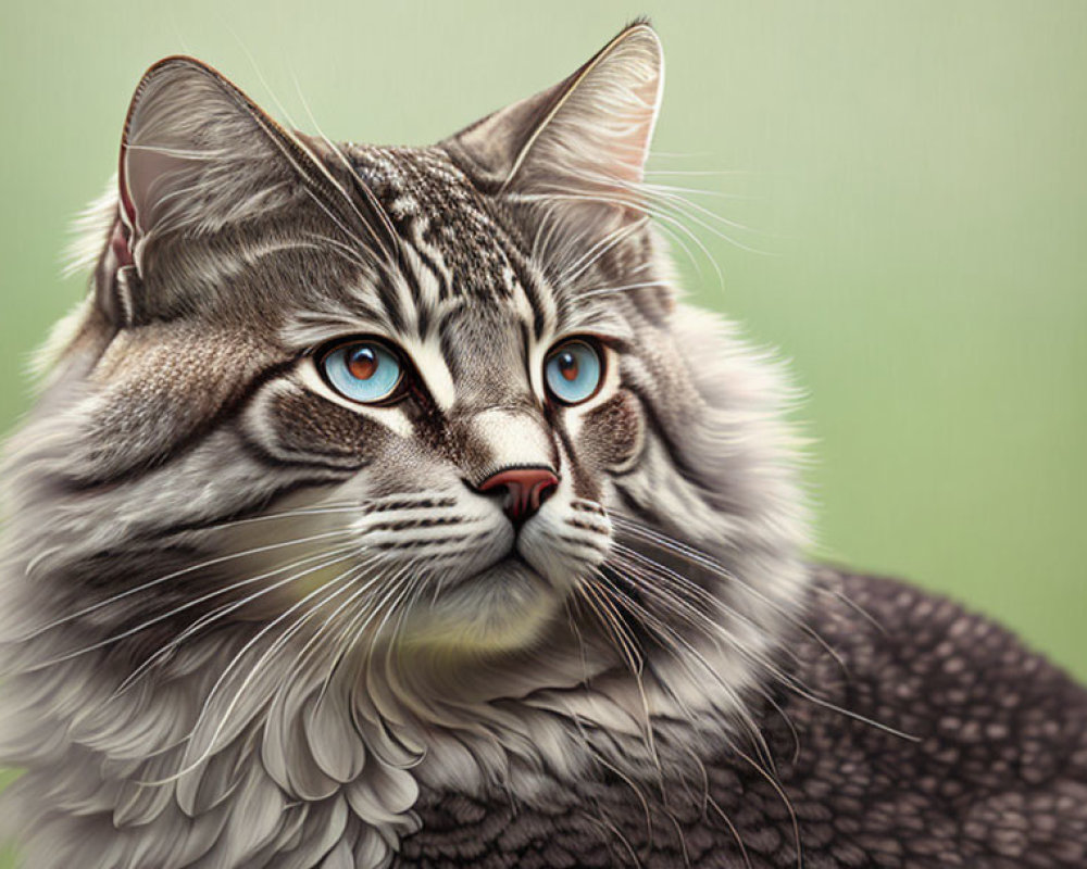 Realistic grey tabby cat digital artwork with blue eyes on green background