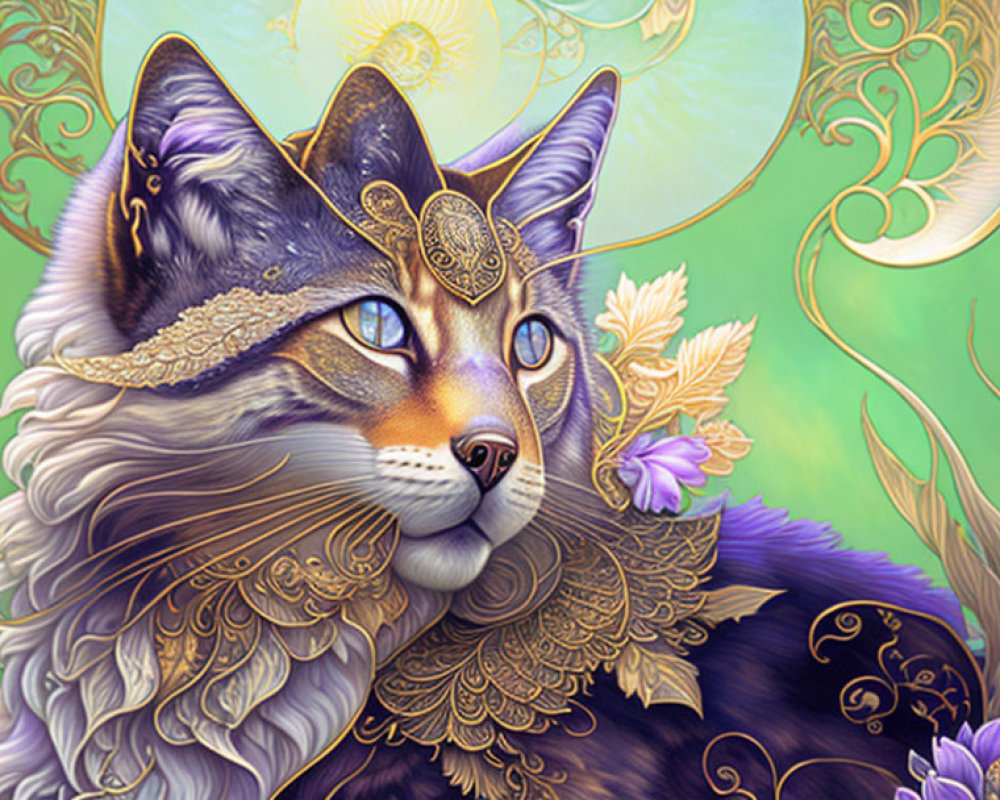 Majestic cat with golden adornments on colorful floral background