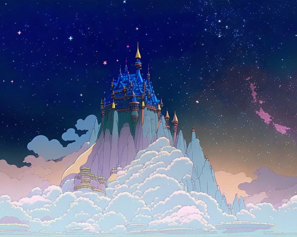 Fantastical castle on cloud-covered mountain under starry night sky