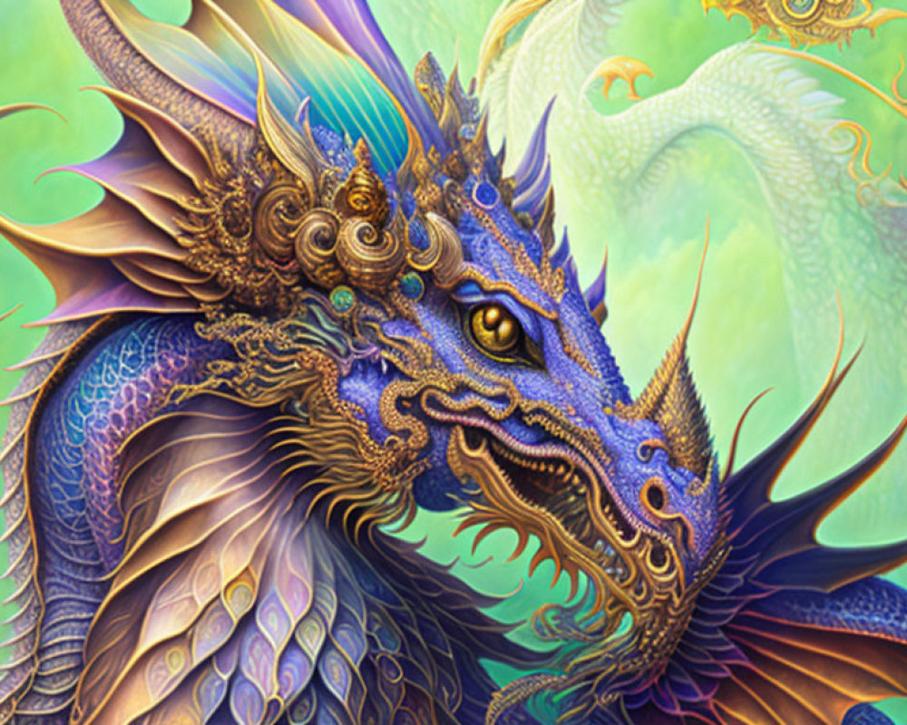 Vibrant blue dragon artwork with golden details on green background
