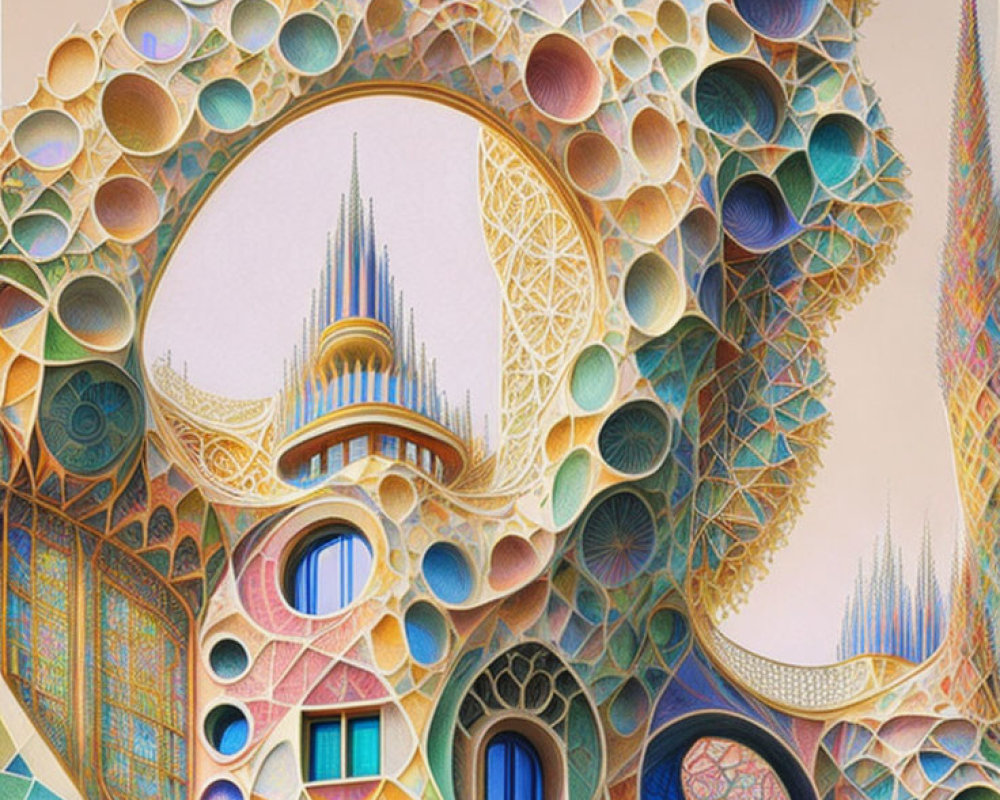 Intricate Digital Artwork: Fantastical Architecture with Geometric Patterns